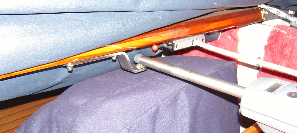 Tiller pilot arm mounted on 316 St Stl bracket, custom made. I also have a tiller brake mounted on the tiller. This stops the tiller moving when at anchor or in port.